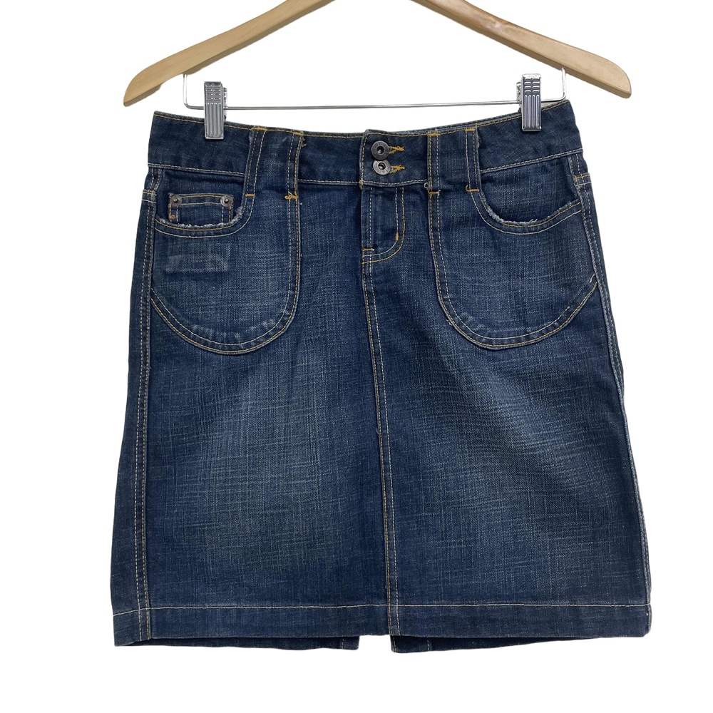 Vintage LEI Denim jean Skirt Dark Wash Pockets Distressed Size 3 Y2K
